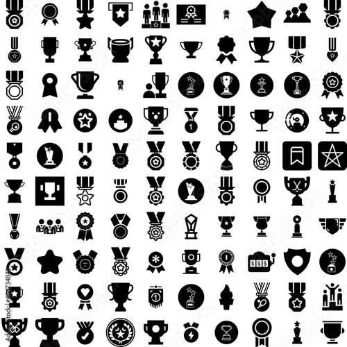 Collection Of 100 Winner Icons Set Isolated Solid Silhouette Icons Including Banner, Vector, Win, Prize, Winner, Background, Celebration Infographic Elements Vector Illustration Logo