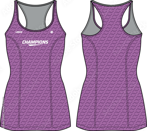 Women Sleeveless active Tank top Sports t-shirt Jersey design flat sketch fashion Illustration suitable for girls and Ladies, racer back Vest for Volleyball jersey, netball, tennis sports kit