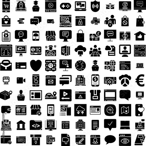 Collection Of 100 Online Icons Set Isolated Solid Silhouette Icons Including Technology, Online, Business, Digital, Store, Concept, Internet Infographic Elements Vector Illustration Logo