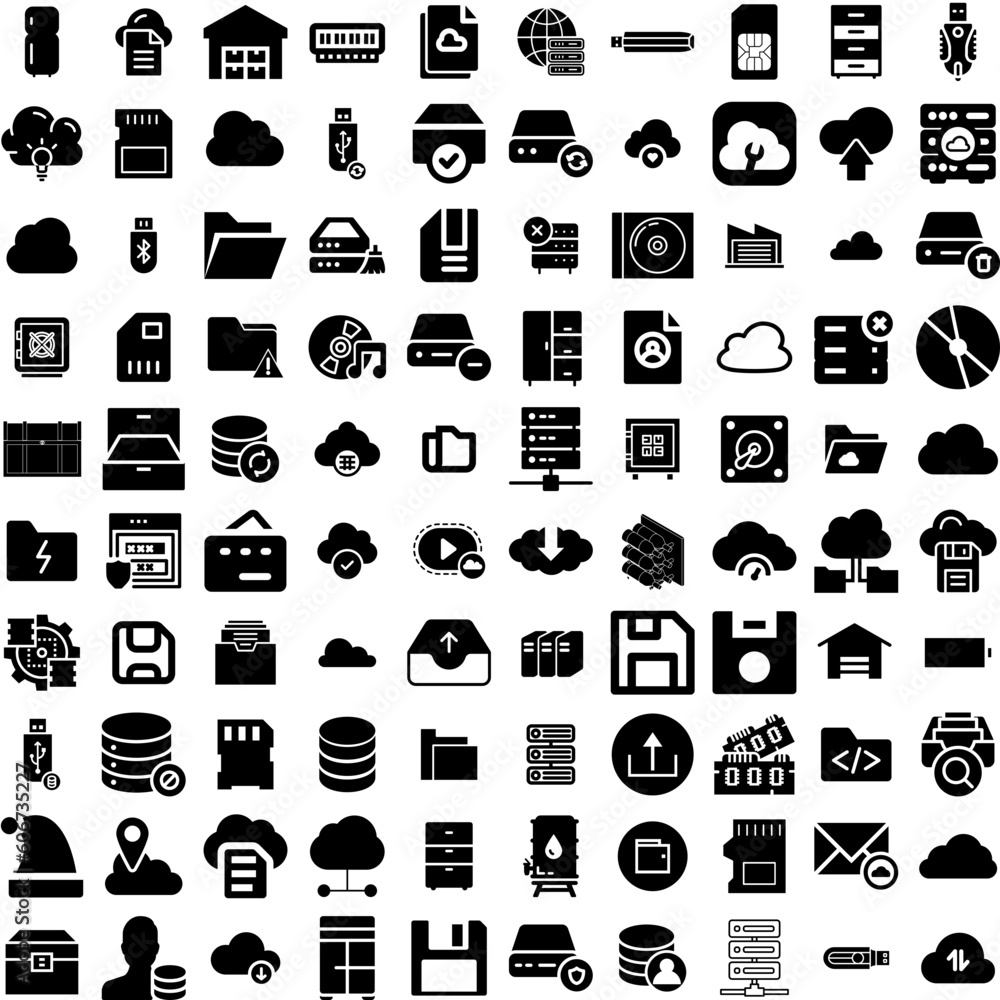 Collection Of 100 Storage Icons Set Isolated Solid Silhouette Icons Including Unit, Energy, Technology, Business, Storage, Container, System Infographic Elements Vector Illustration Logo