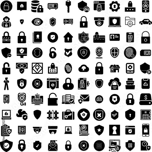 Collection Of 100 Security Icons Set Isolated Solid Silhouette Icons Including Protection, Internet, Security, Computer, Secure, Technology, Privacy Infographic Elements Vector Illustration Logo