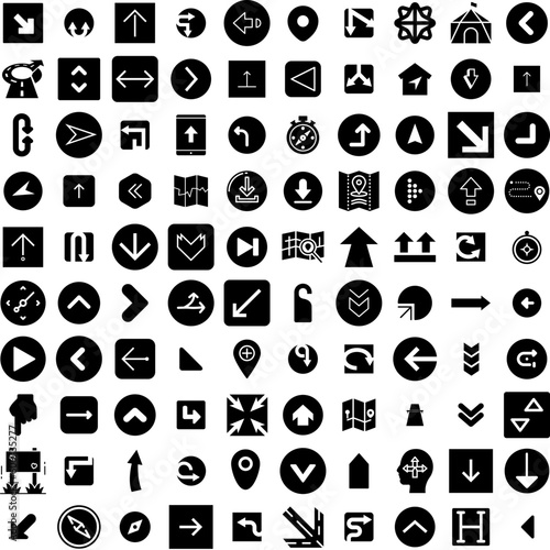 Collection Of 100 Direction Icons Set Isolated Solid Silhouette Icons Including Sign, Background, Direction, Illustration, Symbol, Arrow, Vector Infographic Elements Vector Illustration Logo