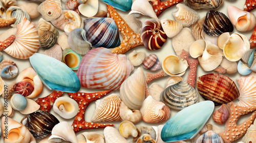 Summer time theme of assorted colorful sea shells with beautiful starfish lay flat composition, top view. Generative Ai