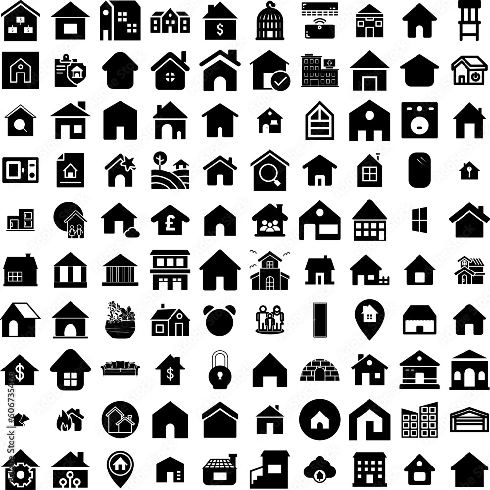 Collection Of 100 House Icons Set Isolated Solid Silhouette Icons Including Architecture, Building, Residential, Estate, Property, House, Home Infographic Elements Vector Illustration Logo
