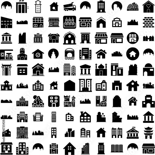 Collection Of 100 Building Icons Set Isolated Solid Silhouette Icons Including Architecture, Construction, Building, Business, Office, City, Urban Infographic Elements Vector Illustration Logo