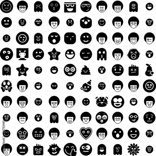 Collection Of 100 Emoticon Icons Set Isolated Solid Silhouette Icons Including Vector, Sign, Emoticon, Face, Emoji, Symbol, Icon Infographic Elements Vector Illustration Logo