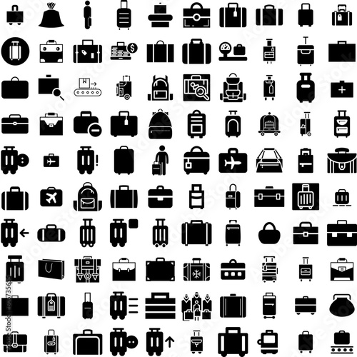 Collection Of 100 Baggage Icons Set Isolated Solid Silhouette Icons Including Airport, Luggage, Bag, Travel, Baggage, Vacation, Suitcase Infographic Elements Vector Illustration Logo
