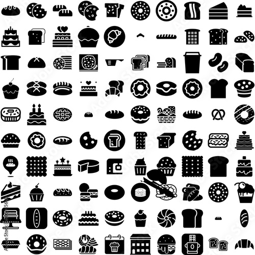 Collection Of 100 Bakery Icons Set Isolated Solid Silhouette Icons Including Food, Pastry, Cafe, Design, Shop, Bread, Bakery Infographic Elements Vector Illustration Logo