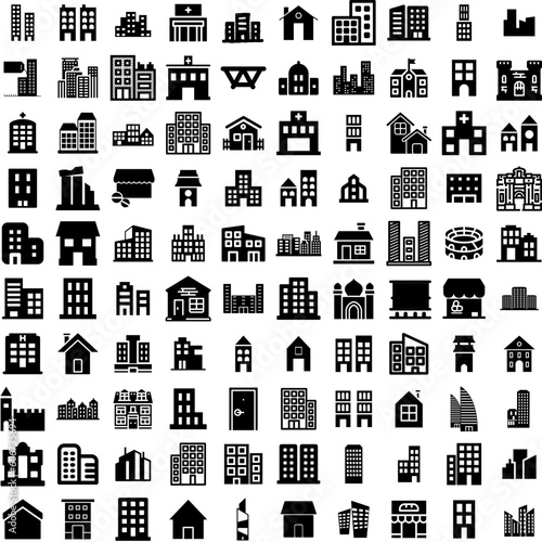 Collection Of 100 Buildings Icons Set Isolated Solid Silhouette Icons Including City, Building, Office, Business, Urban, Architecture, Construction Infographic Elements Vector Illustration Logo