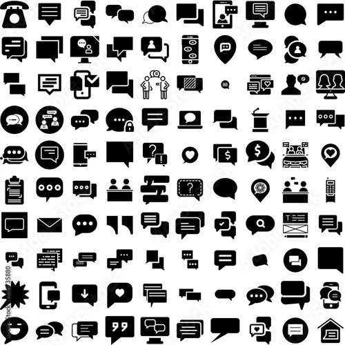 Collection Of 100 Conversation Icons Set Isolated Solid Silhouette Icons Including Conversation, Communication, Bubble, Talk, Chat, Speech, Message Infographic Elements Vector Illustration Logo