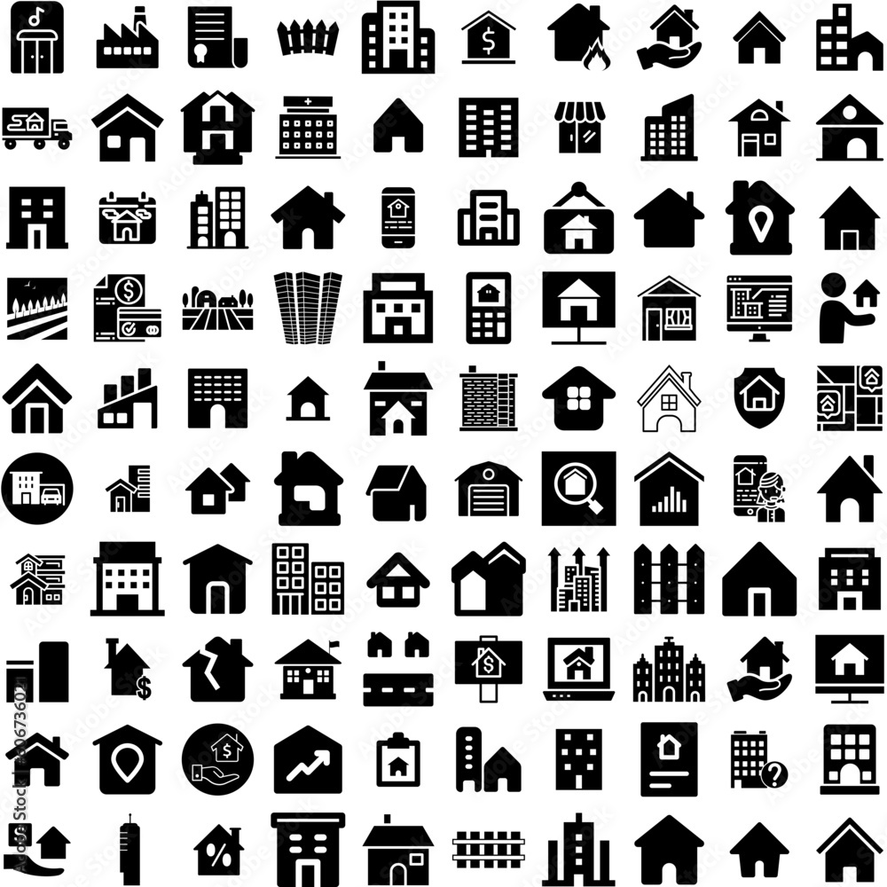 Collection Of 100 Estate Icons Set Isolated Solid Silhouette Icons Including Estate, House, Home, Investment, Property, Business, Real Infographic Elements Vector Illustration Logo