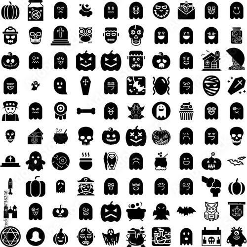 Collection Of 100 Halloween Icons Set Isolated Solid Silhouette Icons Including Spooky, Pumpkin, Vector, Halloween, Horror, Background, Holiday Infographic Elements Vector Illustration Logo