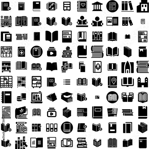 Collection Of 100 Library Icons Set Isolated Solid Silhouette Icons Including Education, Study, Knowledge, Shelf, Book, Library, Literature Infographic Elements Vector Illustration Logo