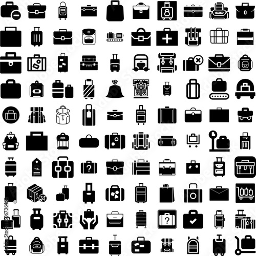 Collection Of 100 Luggage Icons Set Isolated Solid Silhouette Icons Including Suitcase, Luggage, Bag, Travel, Vacation, Journey, Baggage Infographic Elements Vector Illustration Logo