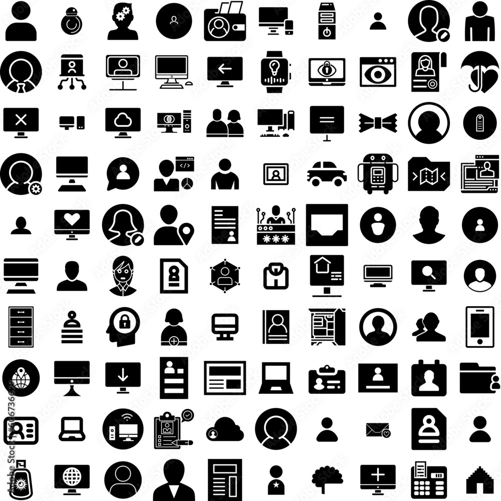 Collection Of 100 Personal Icons Set Isolated Solid Silhouette Icons Including Computer, Man, Information, Training, Personal, Gym, Workout Infographic Elements Vector Illustration Logo