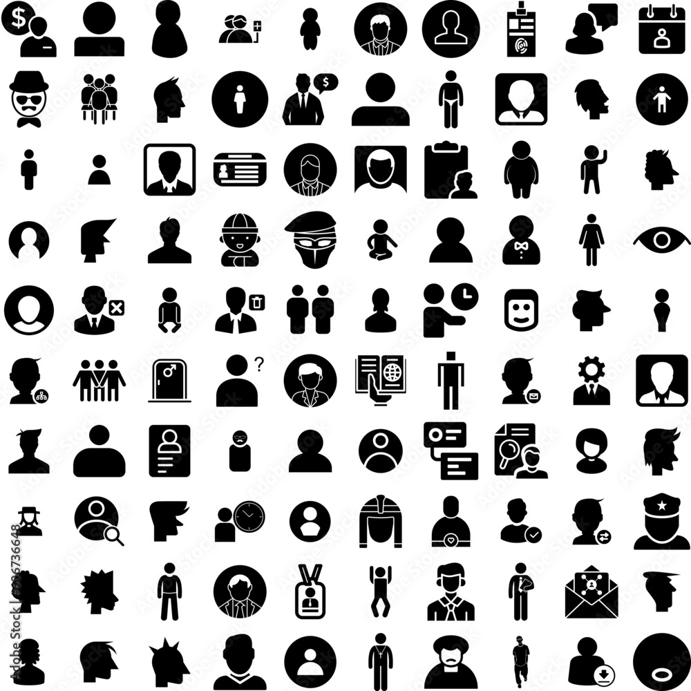 Collection Of 100 Person Icons Set Isolated Solid Silhouette Icons Including Team, Work, Group, Person, People, Business, Female Infographic Elements Vector Illustration Logo