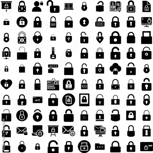 Collection Of 100 Padlock Icons Set Isolated Solid Silhouette Icons Including Privacy, Lock, Protection, Safety, Padlock, Secure, Safe Infographic Elements Vector Illustration Logo