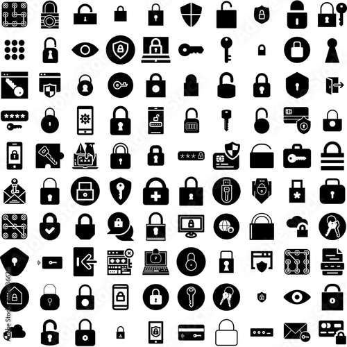Collection Of 100 Password Icons Set Isolated Solid Silhouette Icons Including Access, Safety, Security, Protection, Icon, Web, Password Infographic Elements Vector Illustration Logo