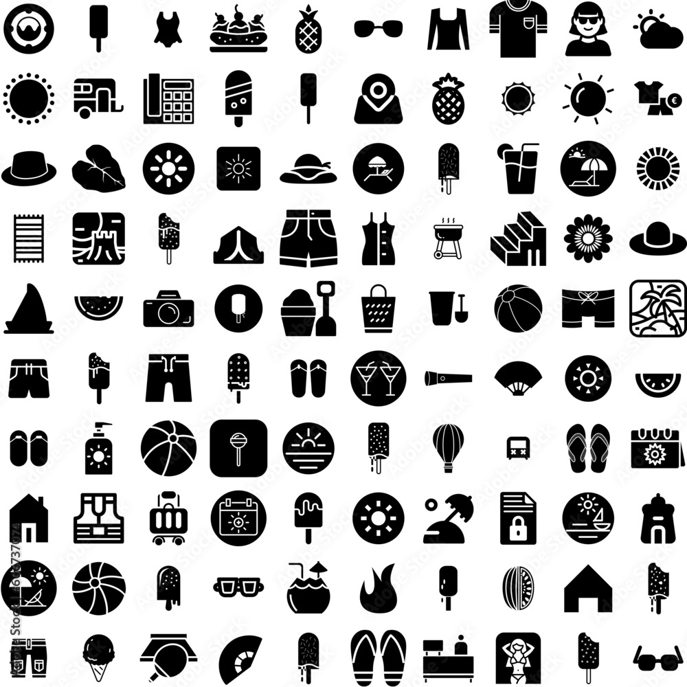 Collection Of 100 Summer Icons Set Isolated Solid Silhouette Icons Including Vector, Vacation, Beach, Summer, Tropical, Background, Holiday Infographic Elements Vector Illustration Logo