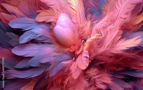 Photo close up of beautiful and soft pink feathers. Generative AI.