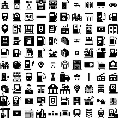 Collection Of 100 Station Icons Set Isolated Solid Silhouette Icons Including Transport, Energy, Car, Station, Fuel, Service, Automobile Infographic Elements Vector Illustration Logo
