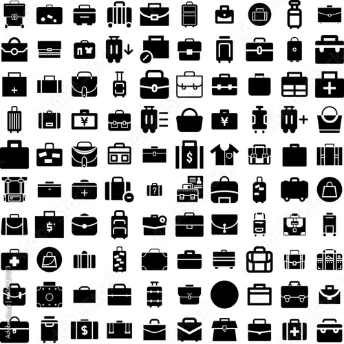 Collection Of 100 Suitcase Icons Set Isolated Solid Silhouette Icons Including Journey, Tourism, Suitcase, Travel, Baggage, Vacation, Luggage Infographic Elements Vector Illustration Logo