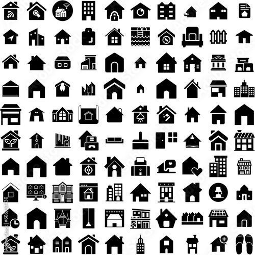 Collection Of 100 House Icons Set Isolated Solid Silhouette Icons Including House, Residential, Estate, Property, Building, Architecture, Home Infographic Elements Vector Illustration Logo