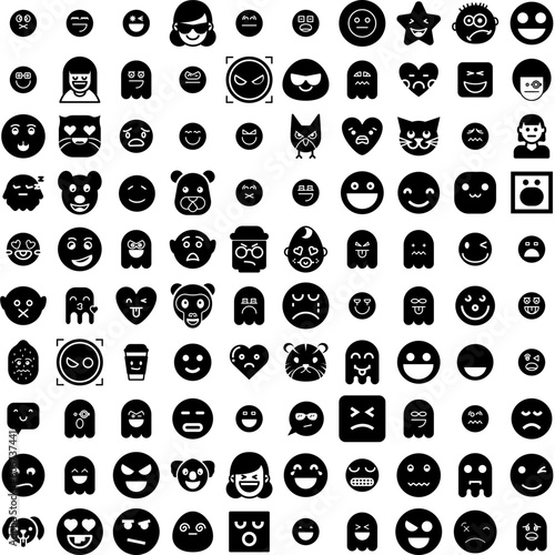 Collection Of 100 Emoji Icons Set Isolated Solid Silhouette Icons Including Sign, Icon, Isolated, Symbol, Face, Emoticon, Vector Infographic Elements Vector Illustration Logo