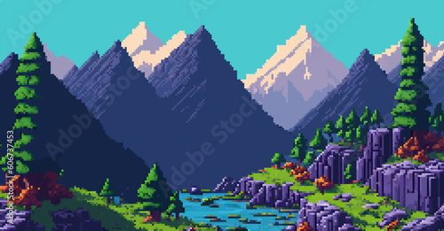 Landscape 8-bit pixel art. Summer natural landscape mountain scenery arcade game background