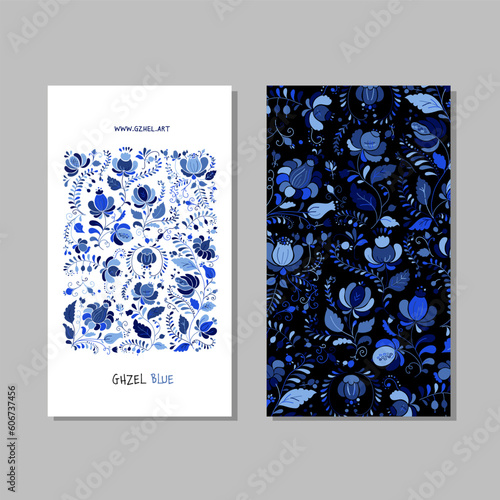 Blue gzhel ornament. Concept Art, frame and pattern background. Set of banner...