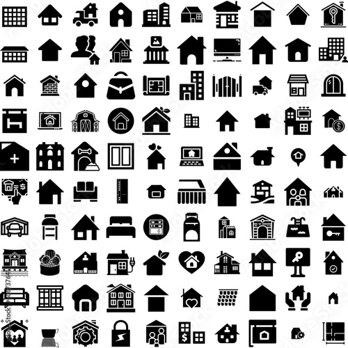 Collection Of 100 House Icons Set Isolated Solid Silhouette Icons Including Building, Residential, House, Home, Estate, Property, Architecture Infographic Elements Vector Illustration Logo