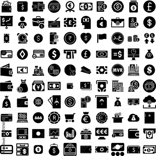 Collection Of 100 Money Icons Set Isolated Solid Silhouette Icons Including Dollar, Payment, Business, Money, Currency, Cash, Finance Infographic Elements Vector Illustration Logo