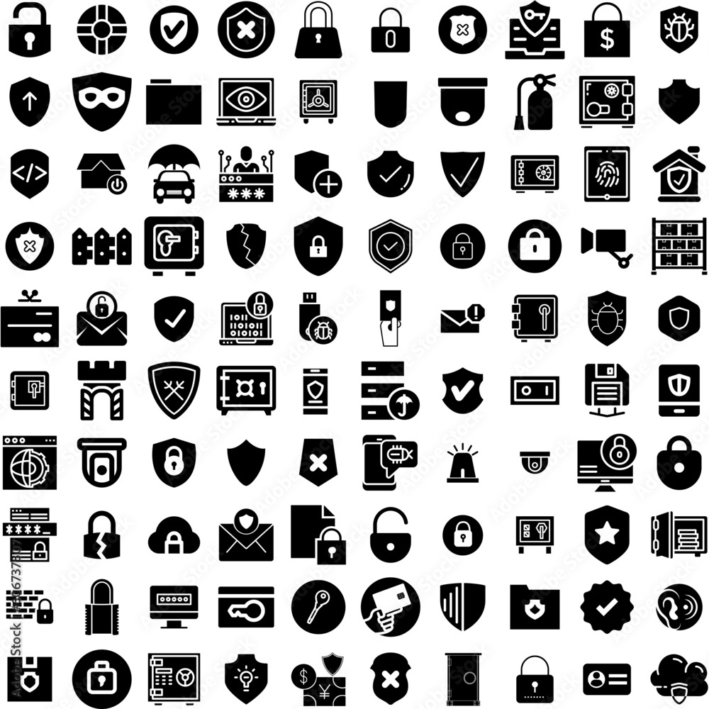 Collection Of 100 Security Icons Set Isolated Solid Silhouette Icons Including Protection, Security, Computer, Secure, Privacy, Technology, Internet Infographic Elements Vector Illustration Logo