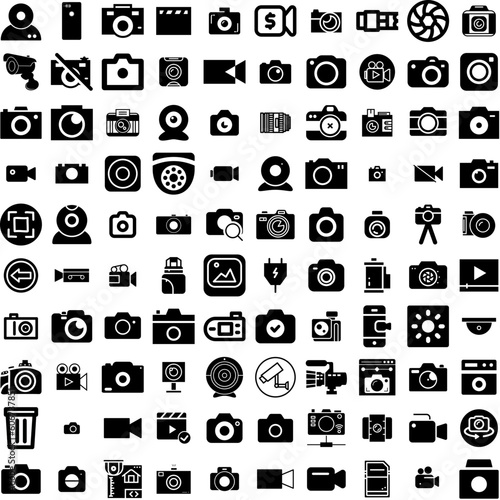 Collection Of 100 Camera Icons Set Isolated Solid Silhouette Icons Including Digital, Equipment, Camera, Photo, Photography, Lens, Illustration Infographic Elements Vector Illustration Logo