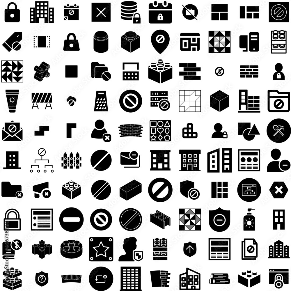 Collection Of 100 Block Icons Set Isolated Solid Silhouette Icons Including Fabric, Paisley, Background, Design, Block, Vector, Illustration Infographic Elements Vector Illustration Logo