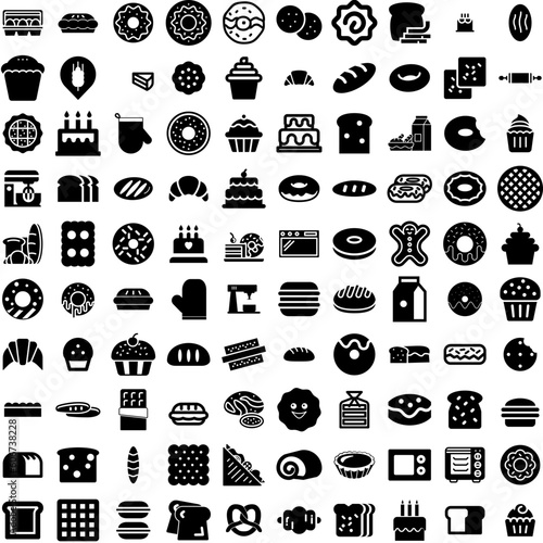 Collection Of 100 Bakery Icons Set Isolated Solid Silhouette Icons Including Bread, Pastry, Cafe, Bakery, Shop, Food, Design Infographic Elements Vector Illustration Logo