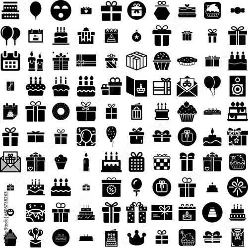 Collection Of 100 Birthday Icons Set Isolated Solid Silhouette Icons Including Birthday  Party  Happy  Card  Celebration  Greeting  Design Infographic Elements Vector Illustration Logo