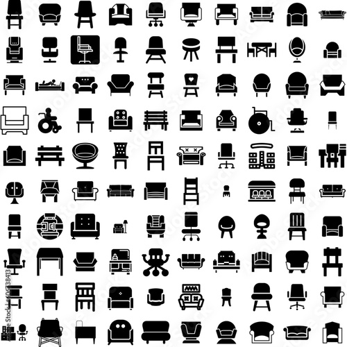 Collection Of 100 Chair Icons Set Isolated Solid Silhouette Icons Including Design, Chair, Furniture, Armchair, Seat, Isolated, Interior Infographic Elements Vector Illustration Logo