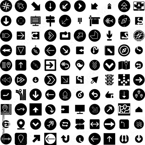 Collection Of 100 Direction Icons Set Isolated Solid Silhouette Icons Including Sign, Arrow, Illustration, Symbol, Background, Vector, Direction Infographic Elements Vector Illustration Logo