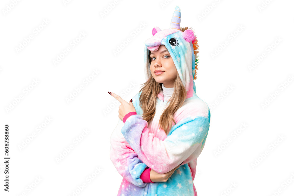 Young girl with unicorn pajamas over isolated chroma key background pointing finger to the side Young girl with unicorn pajamas over isolated chroma key background pointing finger to the side