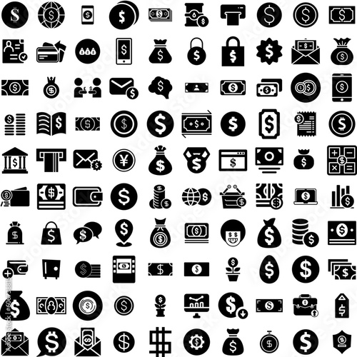 Collection Of 100 Dollar Icons Set Isolated Solid Silhouette Icons Including Banking, Finance, Dollar, Money, Bank, Business, Currency Infographic Elements Vector Illustration Logo