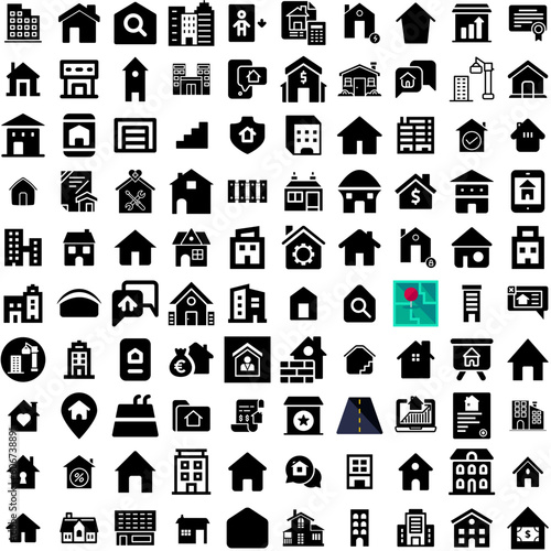 Collection Of 100 Estate Icons Set Isolated Solid Silhouette Icons Including Home, Estate, Investment, Business, House, Property, Real Infographic Elements Vector Illustration Logo
