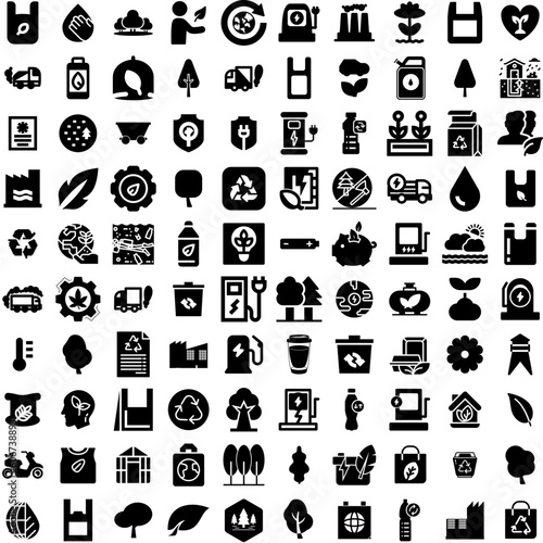 Collection Of 100 Environment Icons Set Isolated Solid Silhouette Icons Including Green, Tree, Plant, Ecology, Concept, Nature, Environment Infographic Elements Vector Illustration Logo
