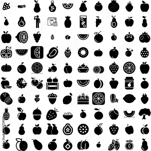 Collection Of 100 Fruit Icons Set Isolated Solid Silhouette Icons Including Healthy  Orange  Diet  Food  Fruit  Organic  Fresh Infographic Elements Vector Illustration Logo