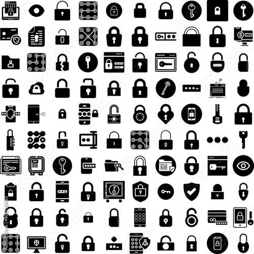 Collection Of 100 Password Icons Set Isolated Solid Silhouette Icons Including Protection, Web, Access, Icon, Security, Password, Safety Infographic Elements Vector Illustration Logo