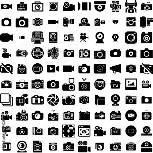 Collection Of 100 Camera Icons Set Isolated Solid Silhouette Icons Including Lens, Photography, Camera, Photo, Equipment, Illustration, Digital Infographic Elements Vector Illustration Logo