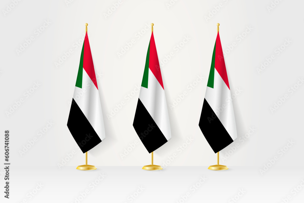 Three Sudan flags in a row on a golden stand, illustration of press conference and other meetings. Three Sudan flags in a row on a golden stand, illustration of press conference and other meetings.
