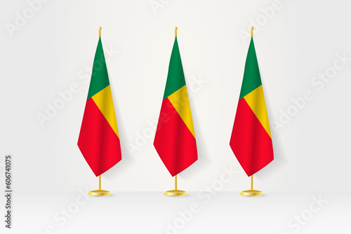 Three Benin flags in a row on a golden stand, illustration of press conference and other meetings.