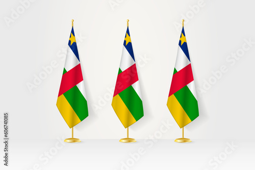 Three Central African Republic flags in a row on a golden stand, illustration of press conference and other meetings.