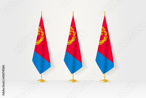 Three Eritrea flags in a row on a golden stand, illustration of press conference and other meetings.
